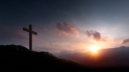 A dramatic and peaceful Christian scene featuring a single wooden cross standing on the top of a hill or mountain ridge at sunset. The cross is centered against a glowing sky fille