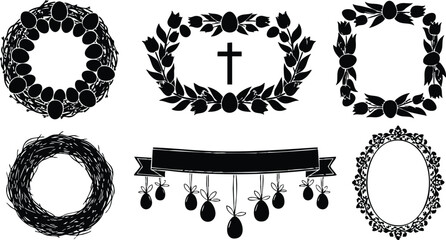 Silhouette ornamental wreath and frame set six decorative black laurel wreaths including central cross and dangling ornaments isolated vector art for memorial design print web branding