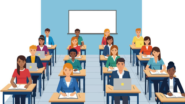 Diverse classroom setting with students studying at desks in modern educational environment
