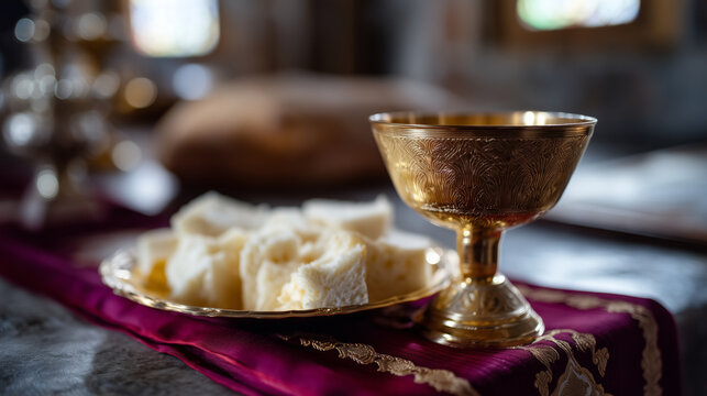A highly realistic, reverent interior scene inside an Orthodox monastery during the Holy Communion ritual. In the foreground, a richly decorated golden chalice and paten stand on t