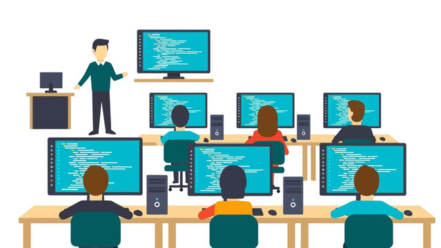 Classroom coding training with students and instructor in flat design