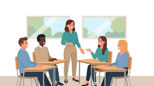Diverse group of students engaging in classroom discussion with teacher guidance