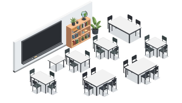 Modern classroom design with isometric furniture and blackboard in minimalist style