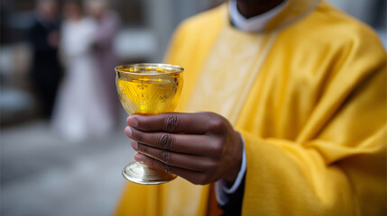 Wedding ceremony in orthodox Church. Priest is holding a golden cup of wine. Details of ritual.