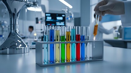 Scientist in protective gloves conducting chemical analysis with colorful test tubes in modern laboratory setting for research and development.