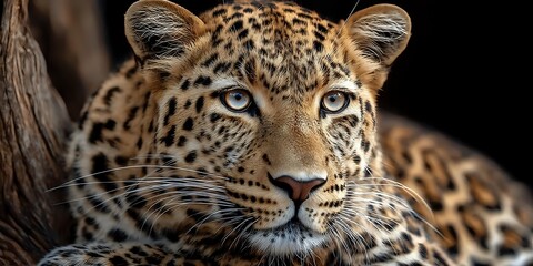 Fototapeta premium Majestic leopard portrait with piercing blue eyes and spotted coat pattern resting in natural habitat for wildlife photography and conservation projects.