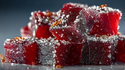 Red fruit gummy candy cubes covered in granulated sugar crystals on dark background for confectionery and sweet treat concepts.