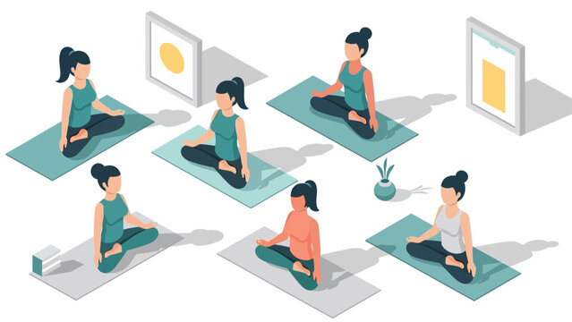 Isometric yoga routine: diverse poses with artwork and d&eacute;cor in relaxing setting