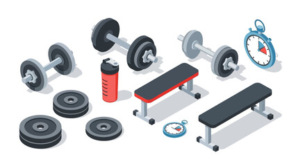 Isometric gym equipment set: barbells, benches, stopwatch, and weights for fitness design