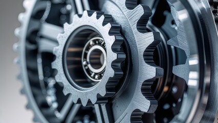 Close-up of interlocking metal gears and ball bearing in a mechanical assembly