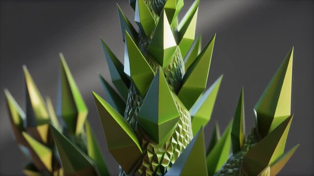 Close-up abstract geometric pineapple crown with sharp green leaves.
