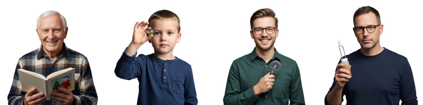 Isolated on transparent background, diverse headshots: elder with Christmas storybook, child with marble, man with pizza cutter, man with turkey baster. Use for holiday marketing, family events,