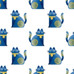 Seamless cat pattern in blue and yellow colors