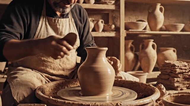 Potter shapes a clay vessel on a spinning wheel in a warm pottery studio; hands mold the curved rim