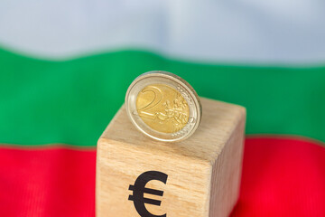 Bulgaria, money, adopting the euro. Symbol of the common currency of the euro zone. Flag of Bulgaria. Business background. Concept of European Union finances. Close up