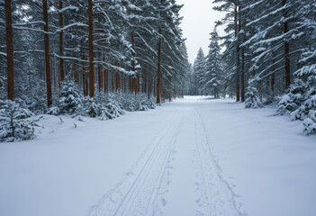 Obraz premium Winter forest road with deer tracks in fresh snow, snowy pines around