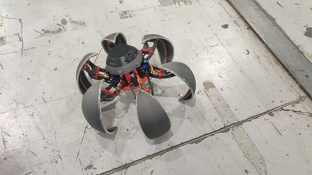 Moving small robot on remote control. Radio controlled robot. Small robot folds into ball and moves on blades. Technology engineering. Industry new robotics. Smart technologies. Robotized innovative