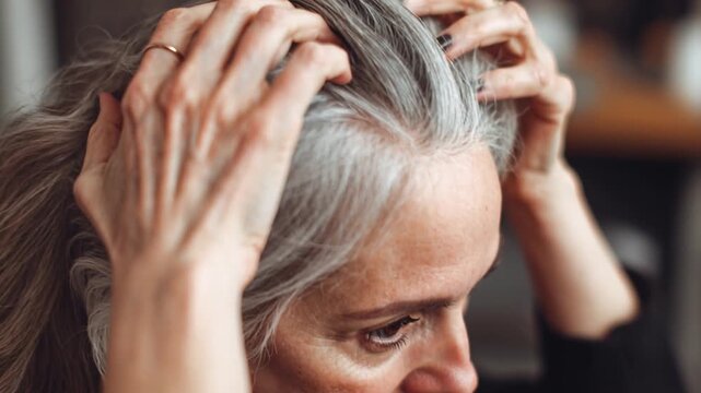 Middle-aged woman checks her hair roots