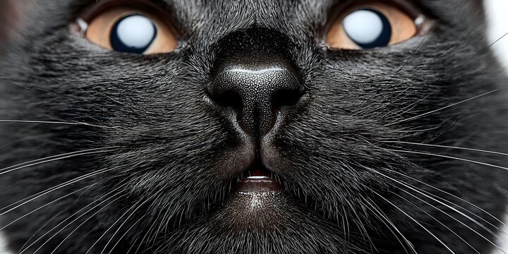 Close-up portrait of gray cat face with striking orange eyes and pink nose showing detailed whiskers and fur texture for pet photography and animal themes. - Powered by Adobe