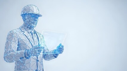 Digital wireframe construction worker in hard hat holding tablet computer for modern technology and building industry applications.