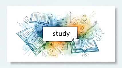 Educational concept with open books and mathematical formulas surrounding study text for academic learning materials and tutoring services.