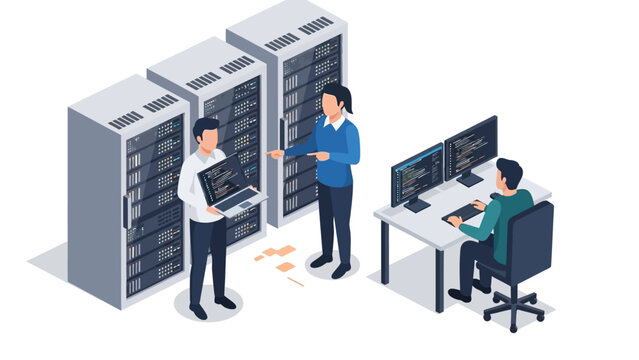 Isometric data center team collaborating on it solutions and server management