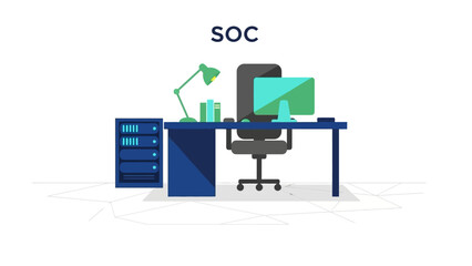 Modern office workspace with computer and desk accessories in flat design