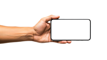 Hand holding a modern black smartphone in a horizontal, landscape orientation with a blank screen.