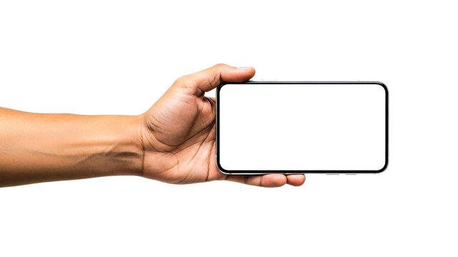 Hand holding a modern black smartphone in a horizontal, landscape orientation with a blank screen.