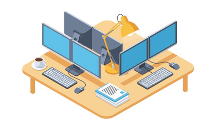 Obraz premium Multi monitor workspace with modern computers and desk lamp in isometric style
