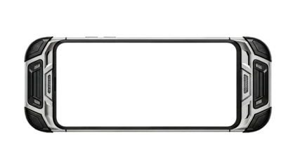 Horizontal smartphone with rugged gaming case and blank screen for video game mock-up