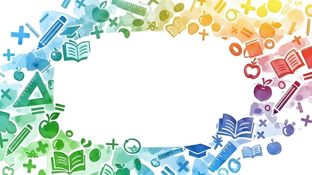 Colorful education icons border frame with school supplies, books, graduation cap, apple, pencils creating rainbow gradient background for learning concepts.