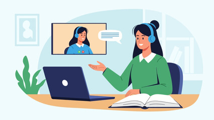 Virtual meeting: woman in home office on video call with laptop and headphones