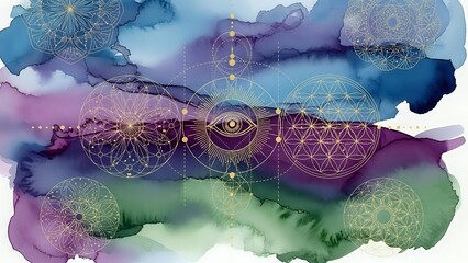 Mystical watercolor background with sacred geometry symbols, all-seeing eye and spiritual mandala patterns for meditation, yoga and esoteric design projects.