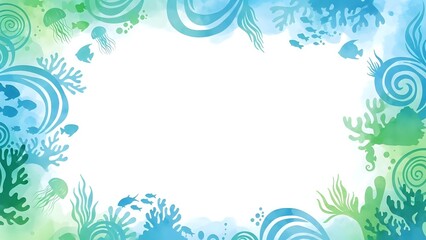 Underwater coral reef frame with marine plants and swirls in blue and green tones on white background for ocean themed designs and aquatic projects.