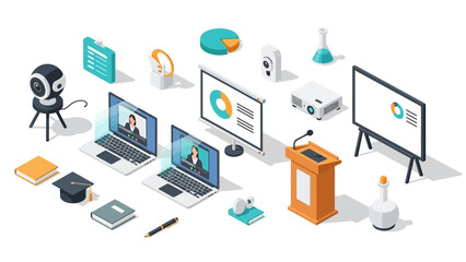 Obraz premium Isometric office setup with video conference and presentation tools