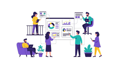 Collaborative team analyzing data on digital dashboard in modern office setting