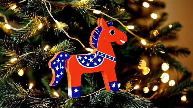 Bright red and blue wooden Dala horse ornament hanging on a lush green christmas tree decorated with warm glowing string lights