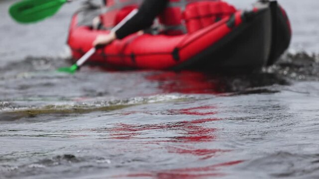 Kayaking in the lake skerries, colorful canoe kayak boat paddling, canoeing in river, scandinavian landscape, group of tourists athletes in kayaks floating, kayakers rowing during water sports tour