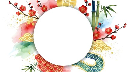 Asian-inspired watercolor frame with cherry blossoms, bamboo, traditional patterns and circular white space for text or design elements.
