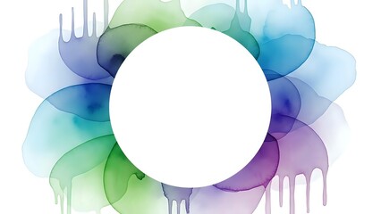 Abstract colorful watercolor splash with white circle frame for text, flowing paint drips in blue green purple tones for creative design projects.