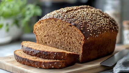 Fresh baked whole grain bread loaf with seeds on wooden cutting board, sliced artisan bakery product for healthy breakfast and organic nutrition.