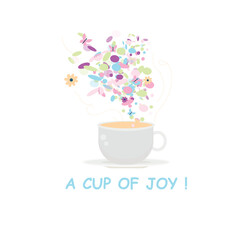 A Cup of Joy. Whimsical illustration of a steaming mug with butterflies and flowers.