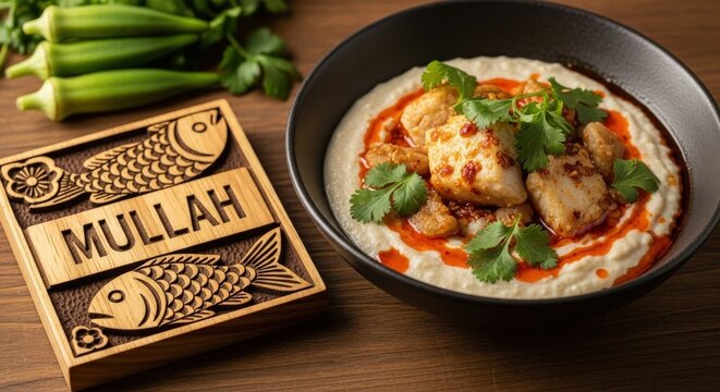 Bowl of Mullah with Fish Visible &ndash; Acacia Wood Plaque, Okra Flower & Fish Scale Motifs