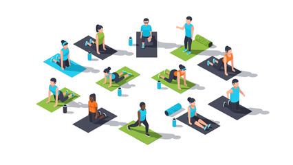 Isometric group yoga class with diverse people practicing in studio setting