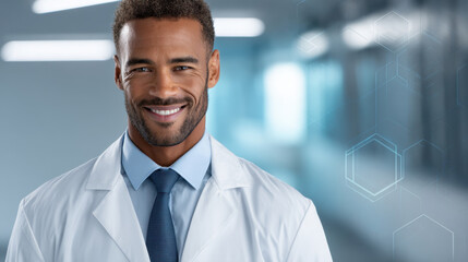 Fototapeta premium Smiling male doctor in white coat wearing tie standing in bright modern hospital corridor conveying confident professional warmth