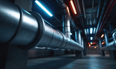 Long industrial ventilation duct and water pipe run through dim mechanical basement with metal columns, blue and orange LED lighting, concrete floor and moody atmosphere