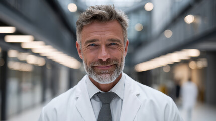 Confident middle aged male executive in white lab coat smiling in modern biotech facility, professional portrait conveying trust and leadership