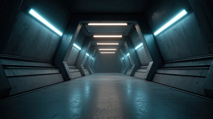 Futuristic corridor sci fi corridor industrial hallway neon lighting metallic floor concrete wall geometric tunnel glowing tubes vanishing point atmospheric depth