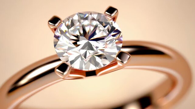 Shimmering Solitaire: A close-up view of a radiant diamond engagement ring. The ring is set in lustrous gold, the diamond's facets catching the light and sparkle.